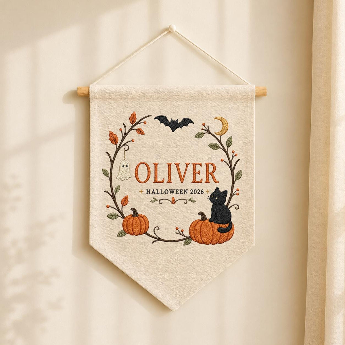Personalized First Halloween Canvas Pennant Decor, Custom Embroidered Name Pumpkin Black Cat Wall Hanging Sign, Fall Nursery Gif