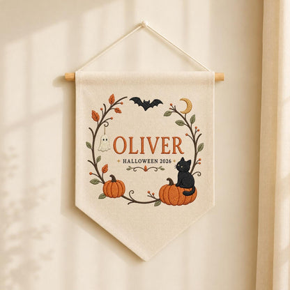 Personalized First Halloween Canvas Pennant Decor, Custom Embroidered Name Pumpkin Black Cat Wall Hanging Sign, Fall Nursery Gif