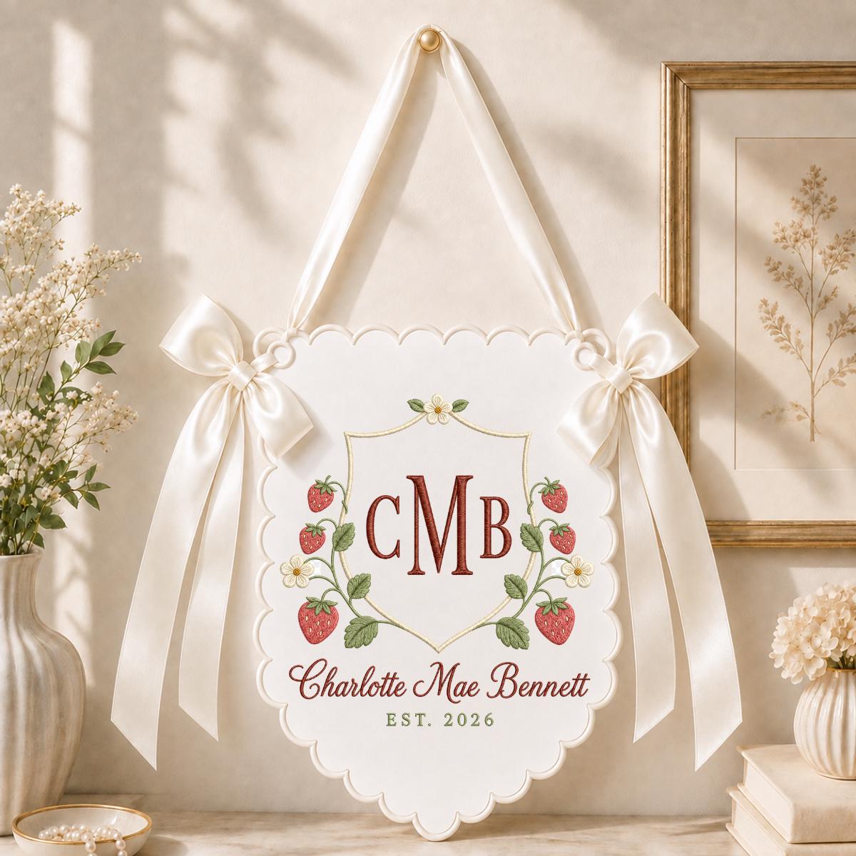 Personalized Baby Girl Monogram Scalloped Banner Decor, Custom Embroidered Name Date Strawberry Shield Wall Sign, Hospital Door Hanger