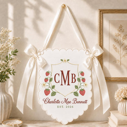 Personalized Baby Girl Monogram Scalloped Banner Decor, Custom Embroidered Name Date Strawberry Shield Wall Sign, Hospital Door Hanger