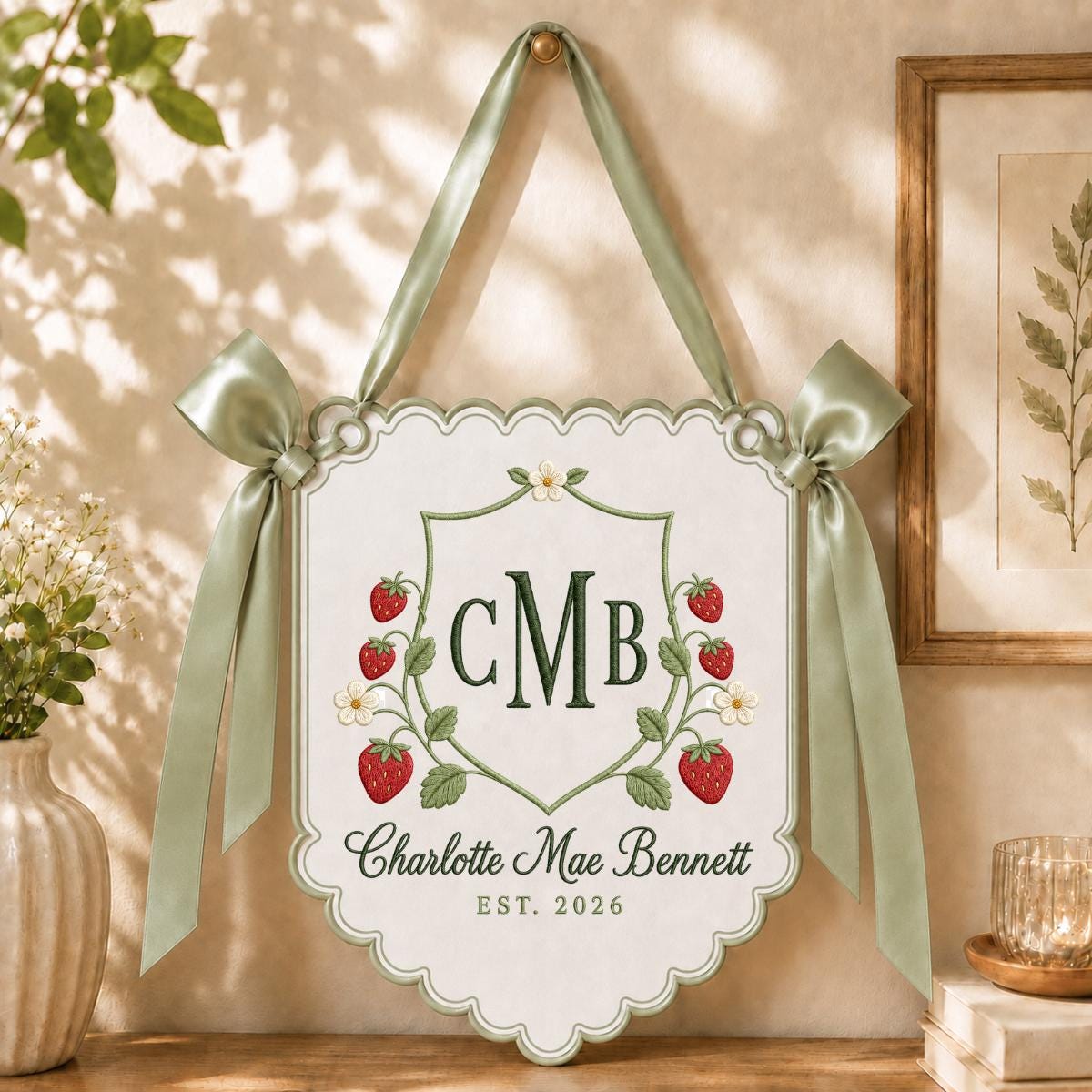 Personalized Baby Girl Monogram Scalloped Banner Decor, Custom Embroidered Name Date Strawberry Shield Wall Sign, Hospital Door Hanger