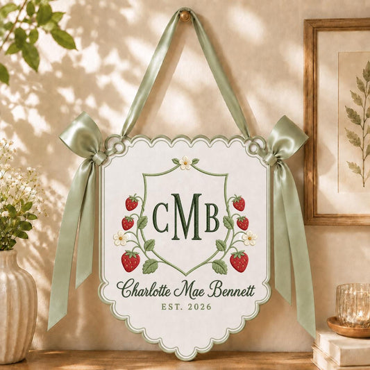 Personalized Baby Girl Monogram Scalloped Banner Decor, Custom Embroidered Name Date Strawberry Shield Wall Sign, Hospital Door Hanger