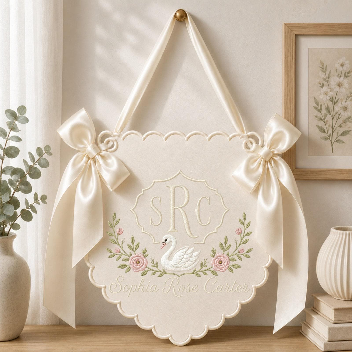 Personalized Embroidered Baby Name Banner, Swan Monogram Nursery Wall Hanging, Custom Initial Sign, Floral Baby Girl Nursery, Newborn Gift