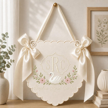 Personalized Embroidered Baby Name Banner, Swan Monogram Nursery Wall Hanging, Custom Initial Sign, Floral Baby Girl Nursery, Newborn Gift