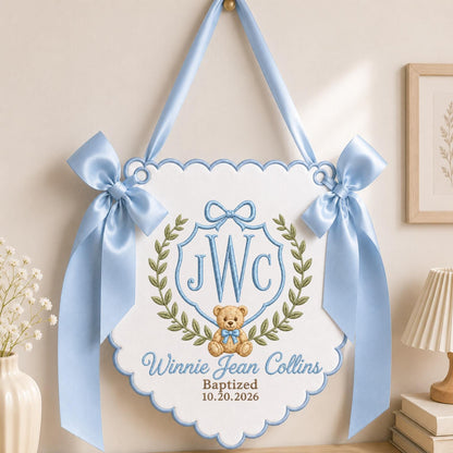 Personalized Embroidered Baptism Baby Name Banner, Custom Monogram Nursery Wall Hanging, Teddy Bear Christening Gift, Baptism Keepsake Decor