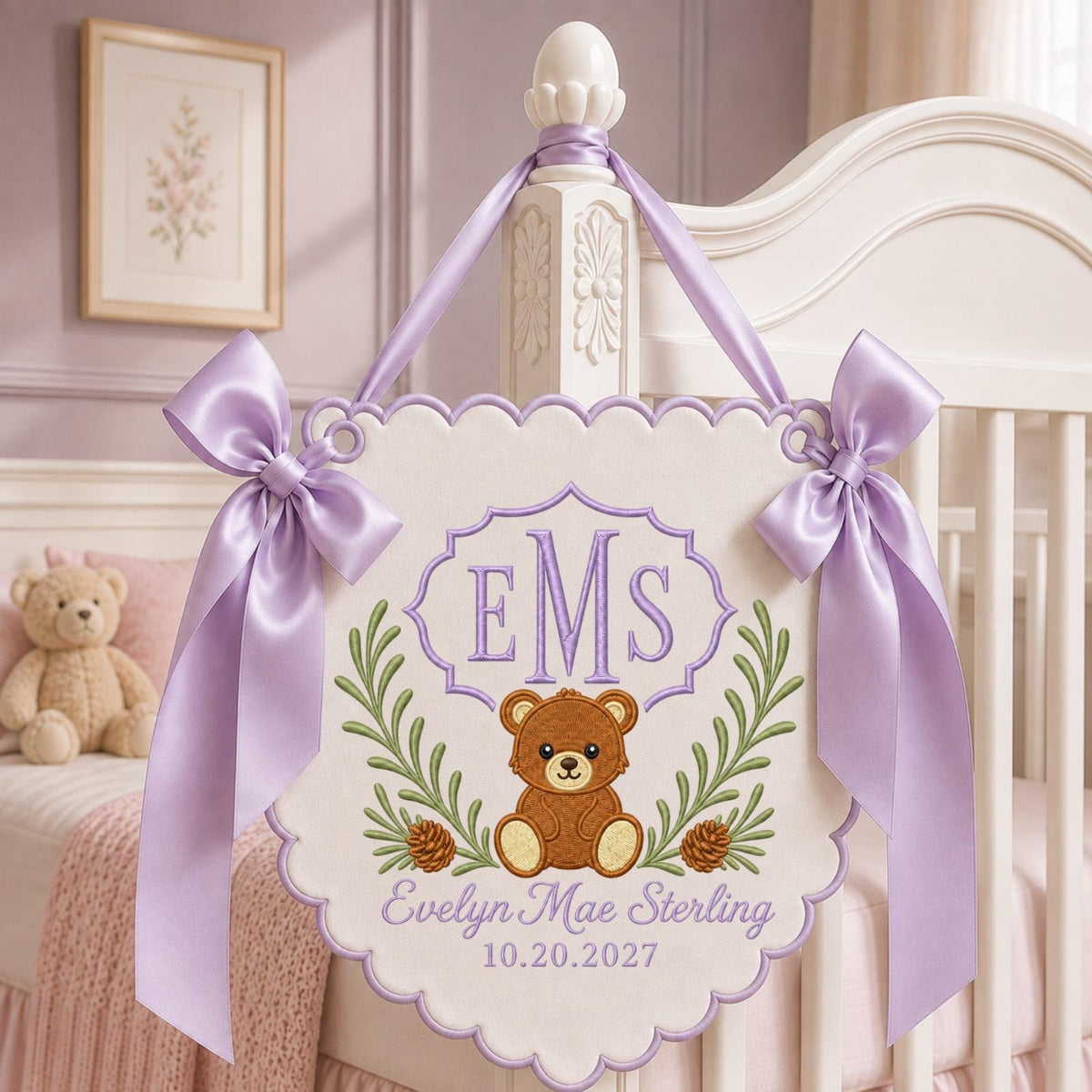 Personalized Embroidered Baby Name Banner, Teddy Bear Monogram Nursery Wall Hanging, Custom Initial Sign, Baby Girl Nursery, Newborn Gift