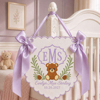 Personalized Embroidered Baby Name Banner, Teddy Bear Monogram Nursery Wall Hanging, Custom Initial Sign, Baby Girl Nursery, Newborn Gift