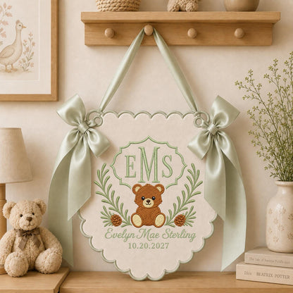 Personalized Embroidered Baby Name Banner, Teddy Bear Monogram Nursery Wall Hanging, Custom Initial Sign, Baby Girl Nursery, Newborn Gift