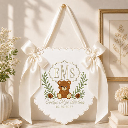 Personalized Embroidered Baby Name Banner, Teddy Bear Monogram Nursery Wall Hanging, Custom Initial Sign, Baby Girl Nursery, Newborn Gift