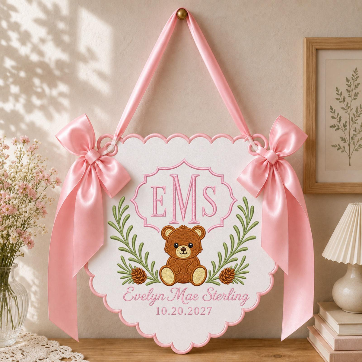 Personalized Embroidered Baby Name Banner, Teddy Bear Monogram Nursery Wall Hanging, Custom Initial Sign, Baby Girl Nursery, Newborn Gift