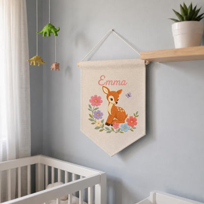 Personalized Baby Deer Canvas Pennant Banner, Custom Name Emma Floral Embroidered Woodland Fawn Girl Nursery Wall Hanging Sign