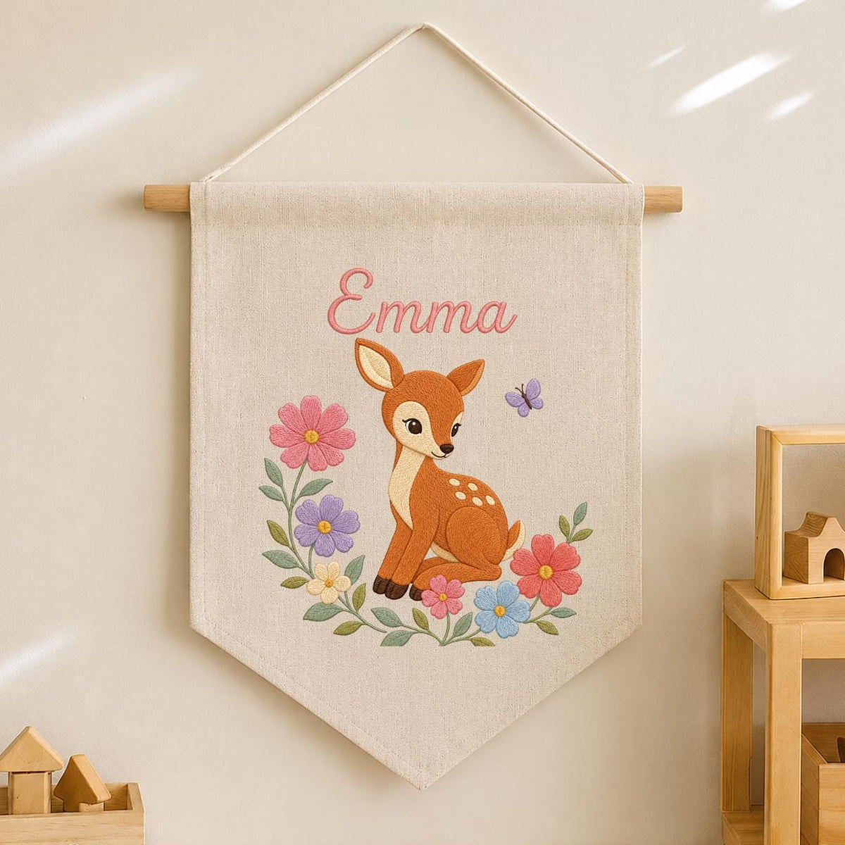 Personalized Baby Deer Canvas Pennant Banner, Custom Name Emma Floral Embroidered Woodland Fawn Girl Nursery Wall Hanging Sign