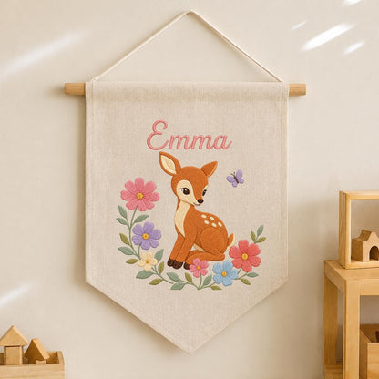 Personalized Baby Deer Canvas Pennant Banner, Custom Name Emma Floral Embroidered Woodland Fawn Girl Nursery Wall Hanging Sign