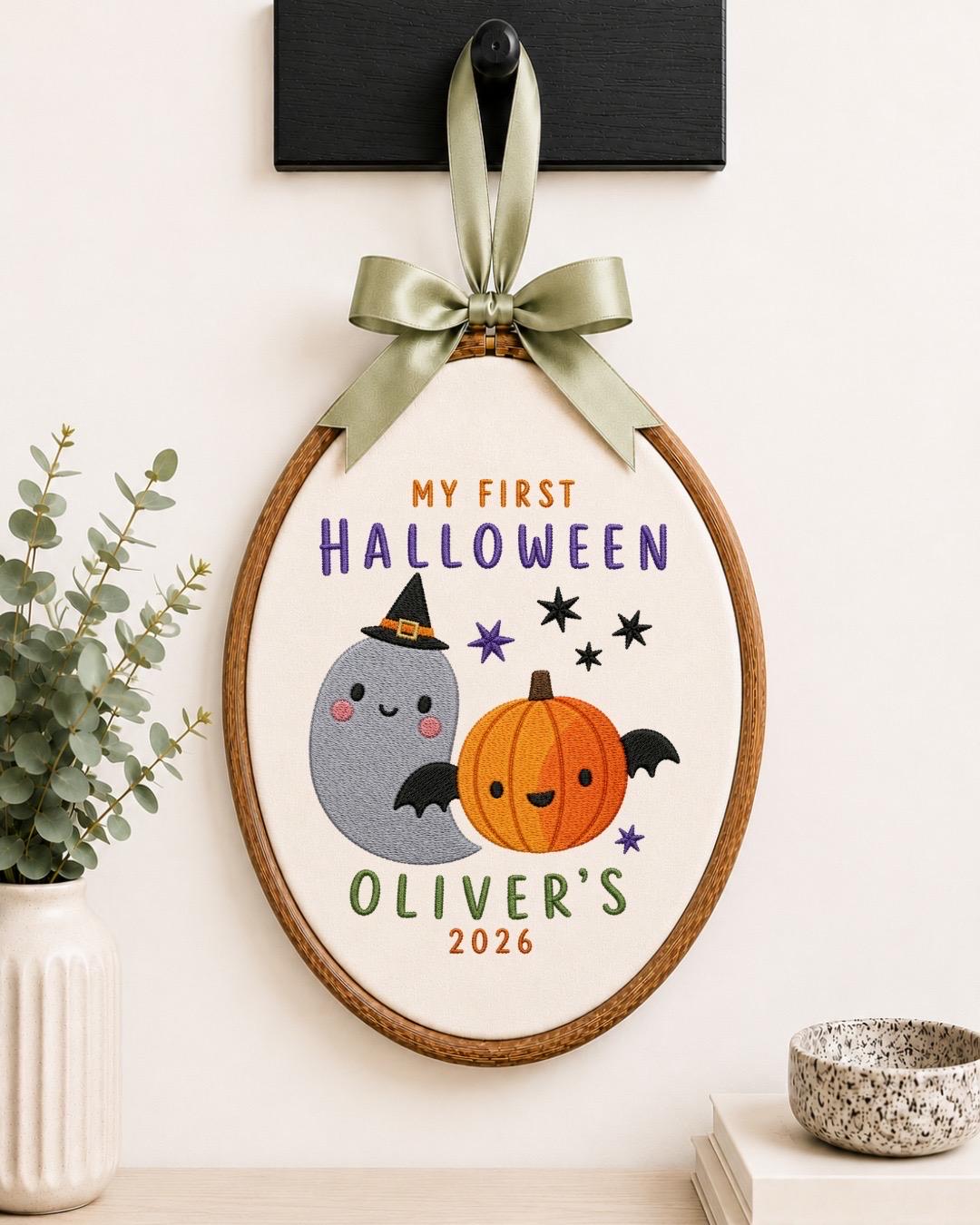 Personalized First Halloween Embroidered Ornament, Custom Kids Name Halloween Decor, Cute Ghost Pumpkin Keepsake, Baby Halloween Gift