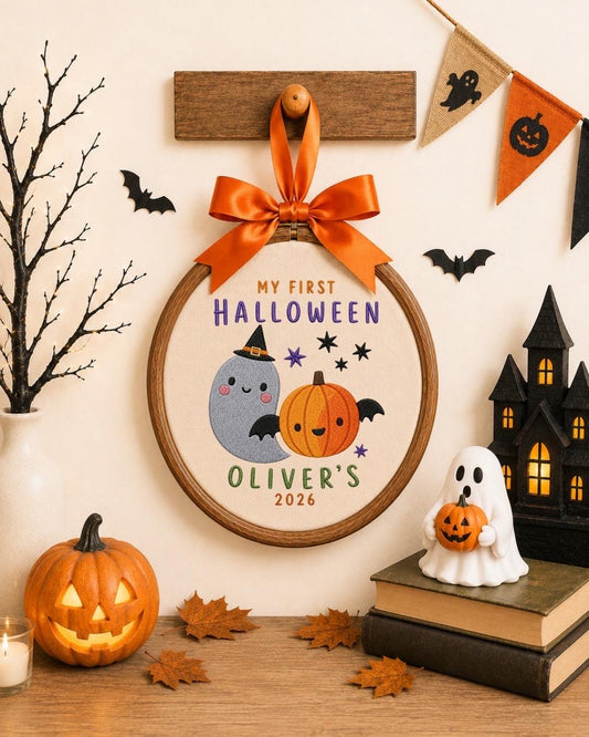 Personalized First Halloween Embroidered Ornament, Custom Kids Name Halloween Decor, Cute Ghost Pumpkin Keepsake, Baby Halloween Gift