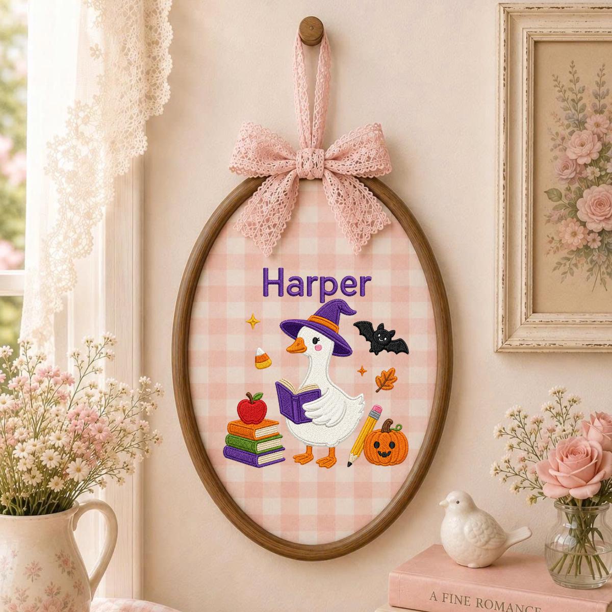 Personalized Halloween Witch Duck Nursery Decor, Custom Name Embroidered Oval Hoop Art, Spooky Cute Witch Goose Book Wall Hanging Sign