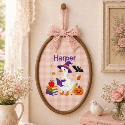 Personalized Halloween Witch Duck Nursery Decor, Custom Name Embroidered Oval Hoop Art, Spooky Cute Witch Goose Book Wall Hanging Sign