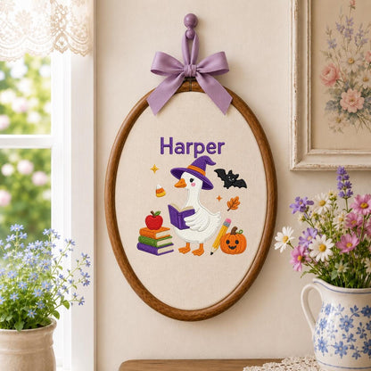 Personalized Halloween Witch Duck Nursery Decor, Custom Name Embroidered Oval Hoop Art, Spooky Cute Witch Goose Book Wall Hanging Sign
