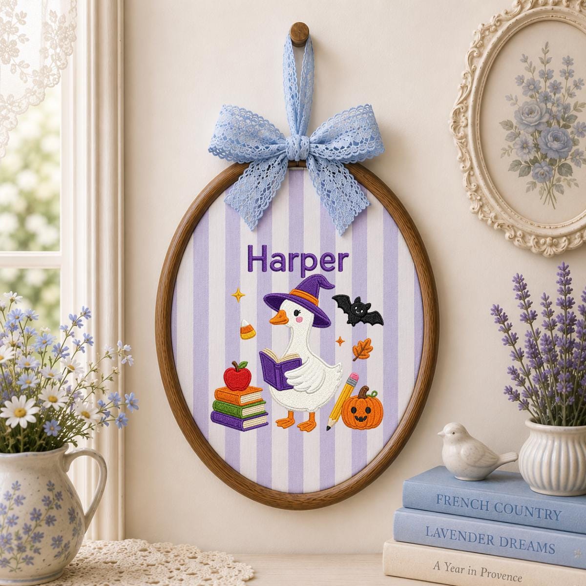 Personalized Halloween Witch Duck Nursery Decor, Custom Name Embroidered Oval Hoop Art, Spooky Cute Witch Goose Book Wall Hanging Sign
