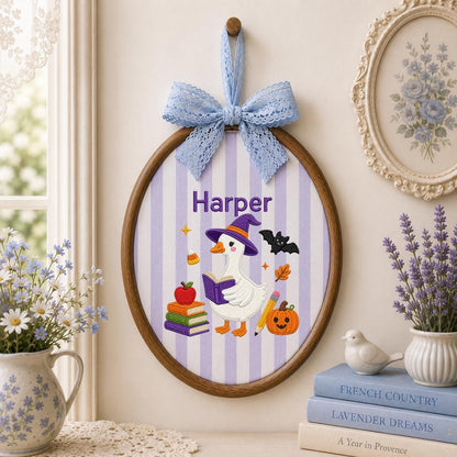 Personalized Halloween Witch Duck Nursery Decor, Custom Name Embroidered Oval Hoop Art, Spooky Cute Witch Goose Book Wall Hanging Sign