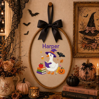 Personalized Halloween Witch Duck Nursery Decor, Custom Name Embroidered Oval Hoop Art, Spooky Cute Witch Goose Book Wall Hanging Sign