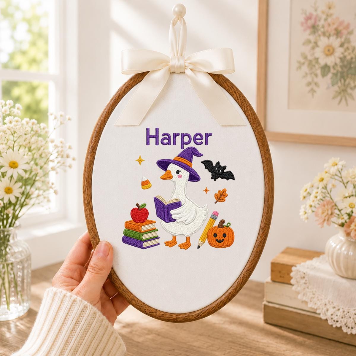 Personalized Halloween Witch Duck Nursery Decor, Custom Name Embroidered Oval Hoop Art, Spooky Cute Witch Goose Book Wall Hanging Sign