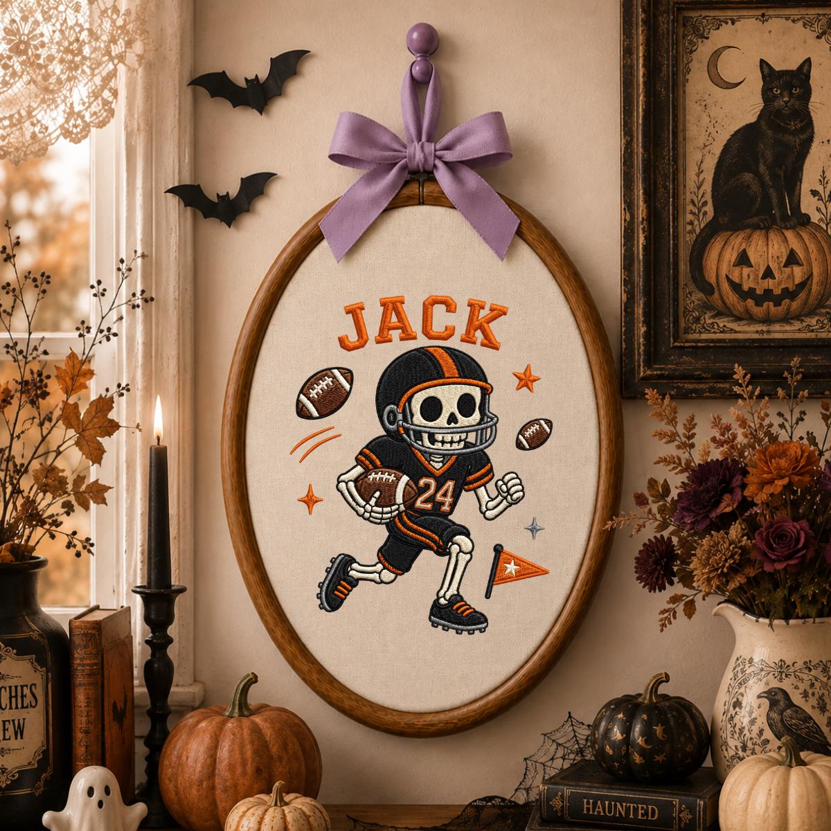 Personalized Halloween Football Skeleton Nursery Decor, Custom Name Embroidered Oval Hoop Art, Spooky Football Player Boy Room Sign