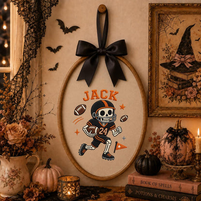 Personalized Halloween Football Skeleton Nursery Decor, Custom Name Embroidered Oval Hoop Art, Spooky Football Player Boy Room Sign