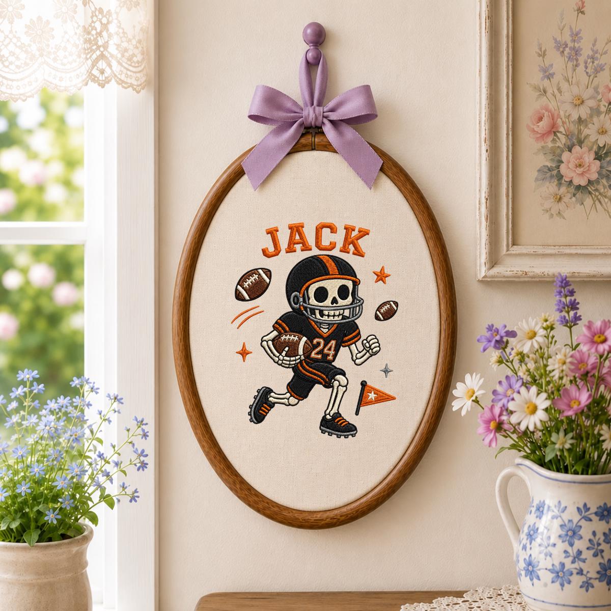 Personalized Halloween Football Skeleton Nursery Decor, Custom Name Embroidered Oval Hoop Art, Spooky Football Player Boy Room Sign