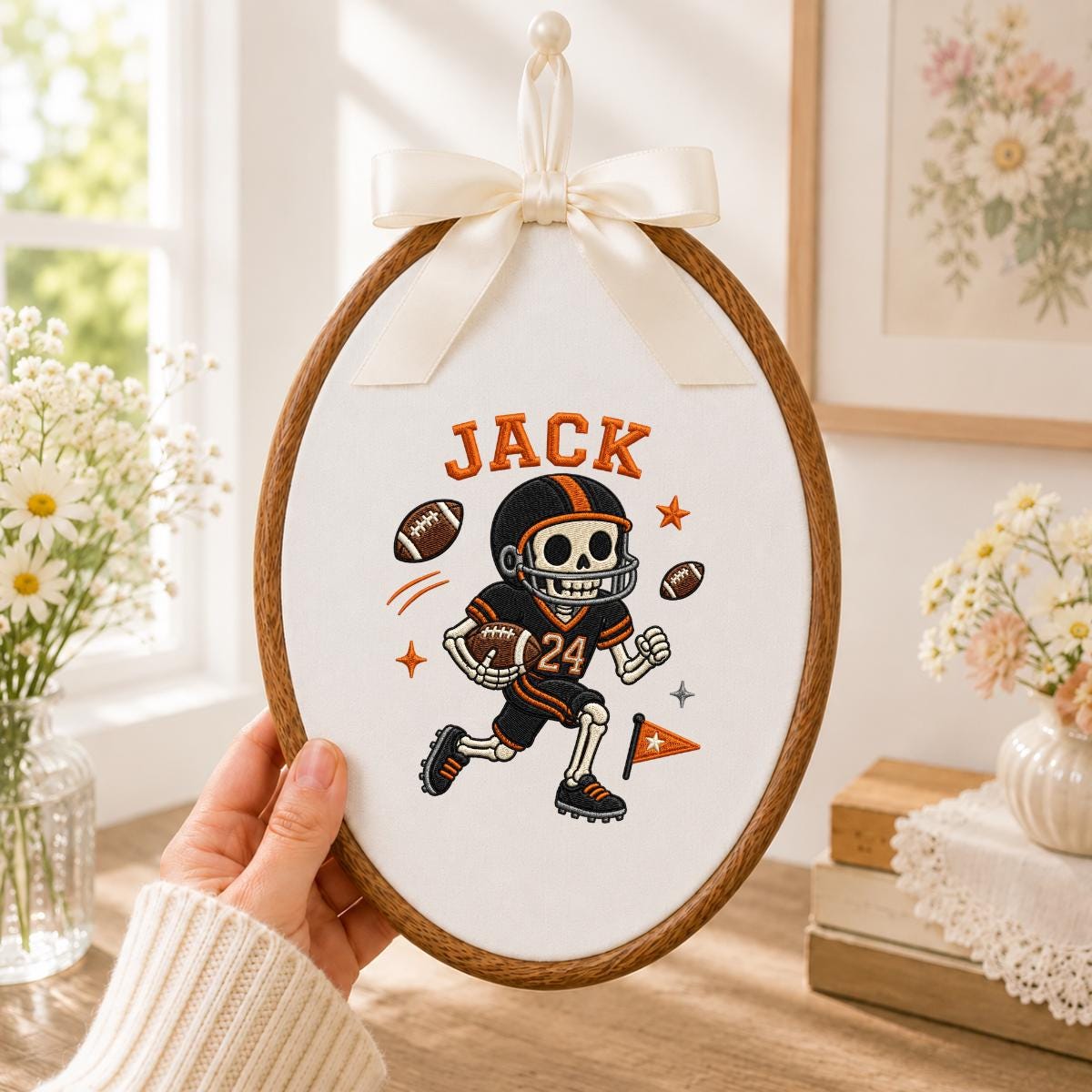 Personalized Halloween Football Skeleton Nursery Decor, Custom Name Embroidered Oval Hoop Art, Spooky Football Player Boy Room Sign