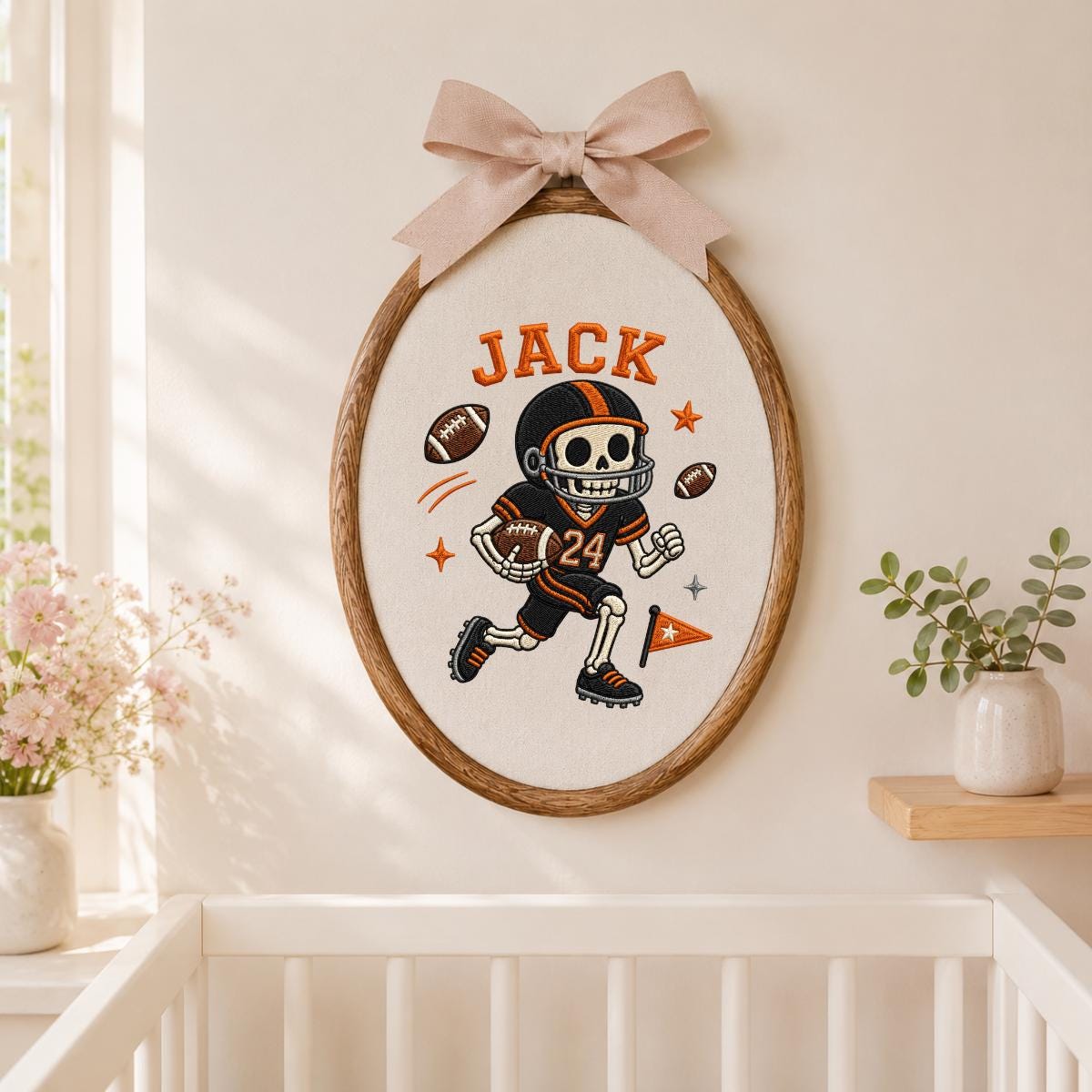 Personalized Halloween Football Skeleton Nursery Decor, Custom Name Embroidered Oval Hoop Art, Spooky Football Player Boy Room Sign