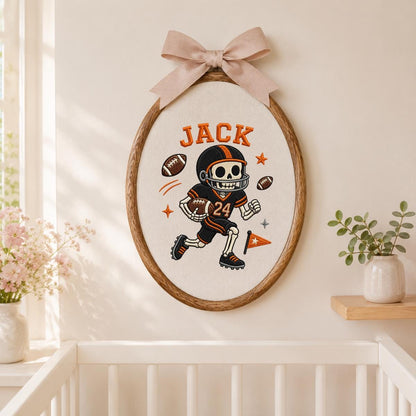 Personalized Halloween Football Skeleton Nursery Decor, Custom Name Embroidered Oval Hoop Art, Spooky Football Player Boy Room Sign