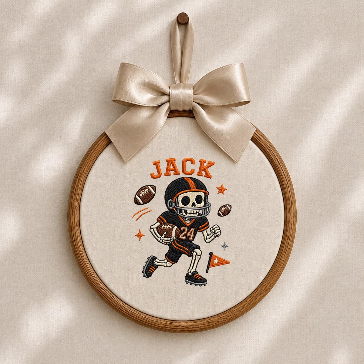 Personalized Halloween Football Skeleton Nursery Decor, Custom Name Embroidered Oval Hoop Art, Spooky Football Player Boy Room Sign