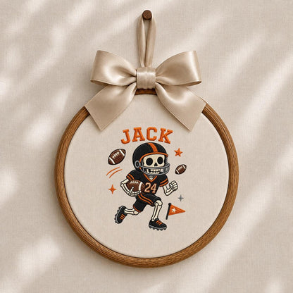 Personalized Halloween Football Skeleton Nursery Decor, Custom Name Embroidered Oval Hoop Art, Spooky Football Player Boy Room Sign