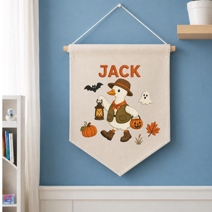 Custom Name Halloween Trick or Treat Duck Embroidered Canvas Pennant Banner, Cute Goose Lantern Pumpkin Kids Room Wall Hanging Decor