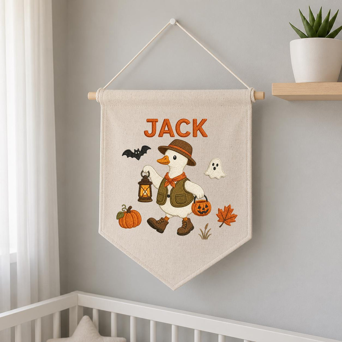 Custom Name Halloween Trick or Treat Duck Embroidered Canvas Pennant Banner, Cute Goose Lantern Pumpkin Kids Room Wall Hanging Decor