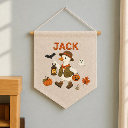 Custom Name Halloween Trick or Treat Duck Embroidered Canvas Pennant Banner, Cute Goose Lantern Pumpkin Kids Room Wall Hanging Decor