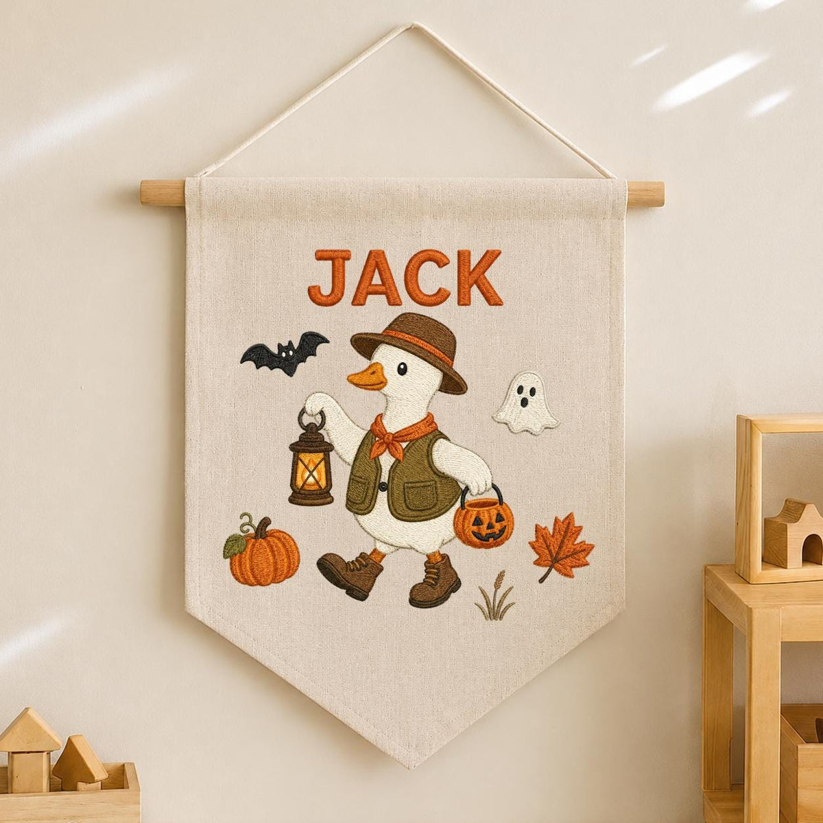 Custom Name Halloween Trick or Treat Duck Embroidered Canvas Pennant Banner, Cute Goose Lantern Pumpkin Kids Room Wall Hanging Decor