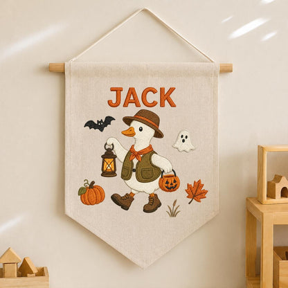 Custom Name Halloween Trick or Treat Duck Embroidered Canvas Pennant Banner, Cute Goose Lantern Pumpkin Kids Room Wall Hanging Decor