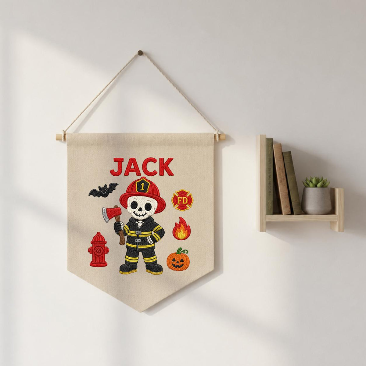 Personalized Halloween Skeleton Firefighter Nursery Decor, Custom Name Embroidered Canvas Pennant Banner, Spooky Fireman Wall Sign