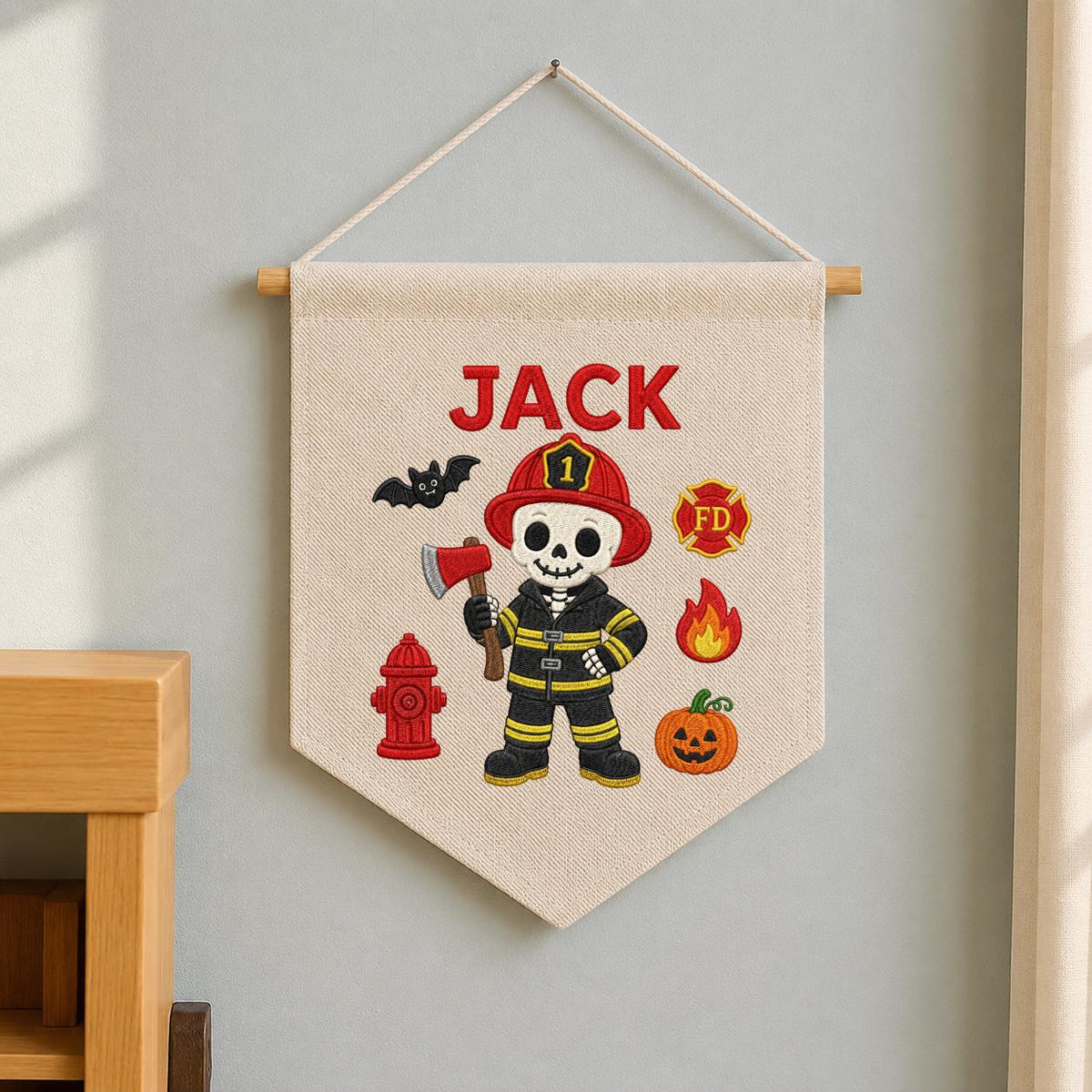 Personalized Halloween Skeleton Firefighter Nursery Decor, Custom Name Embroidered Canvas Pennant Banner, Spooky Fireman Wall Sign