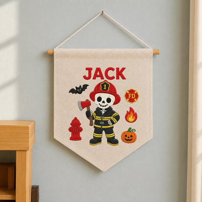 Personalized Halloween Skeleton Firefighter Nursery Decor, Custom Name Embroidered Canvas Pennant Banner, Spooky Fireman Wall Sign