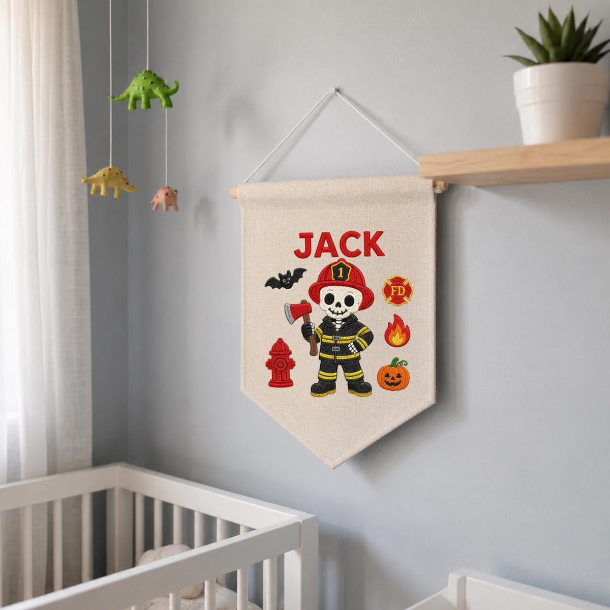 Personalized Halloween Skeleton Firefighter Nursery Decor, Custom Name Embroidered Canvas Pennant Banner, Spooky Fireman Wall Sign