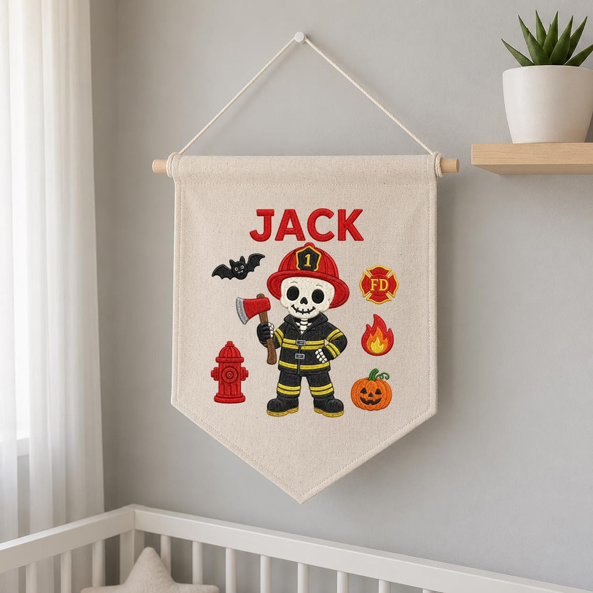 Personalized Halloween Skeleton Firefighter Nursery Decor, Custom Name Embroidered Canvas Pennant Banner, Spooky Fireman Wall Sign