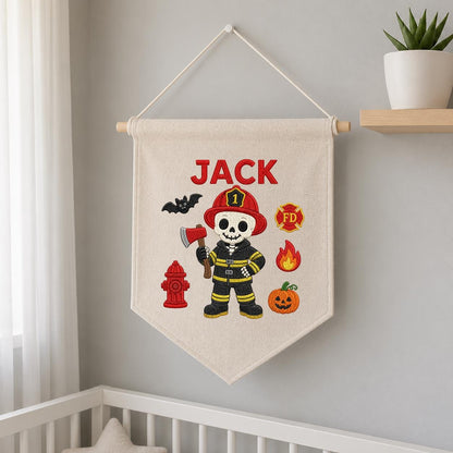 Personalized Halloween Skeleton Firefighter Nursery Decor, Custom Name Embroidered Canvas Pennant Banner, Spooky Fireman Wall Sign