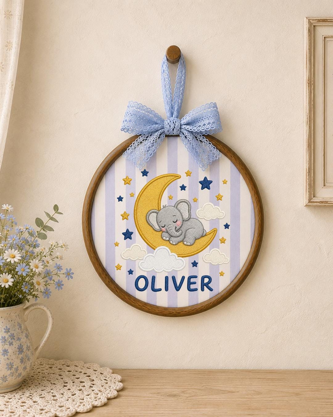 Personalized Embroidered Elephant Ornament, Custom Baby Name Hoop, Sleeping Elephant Moon Nursery Decor, Baby Boy Gift, Newborn Keepsake