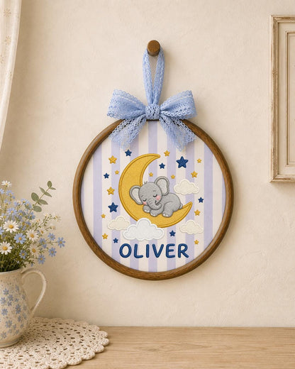 Personalized Embroidered Elephant Ornament, Custom Baby Name Hoop, Sleeping Elephant Moon Nursery Decor, Baby Boy Gift, Newborn Keepsake