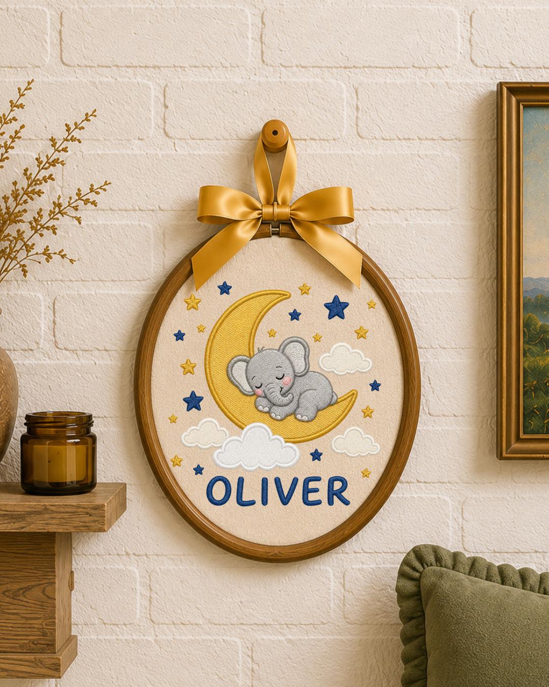 Personalized Embroidered Elephant Ornament, Custom Baby Name Hoop, Sleeping Elephant Moon Nursery Decor, Baby Boy Gift, Newborn Keepsake