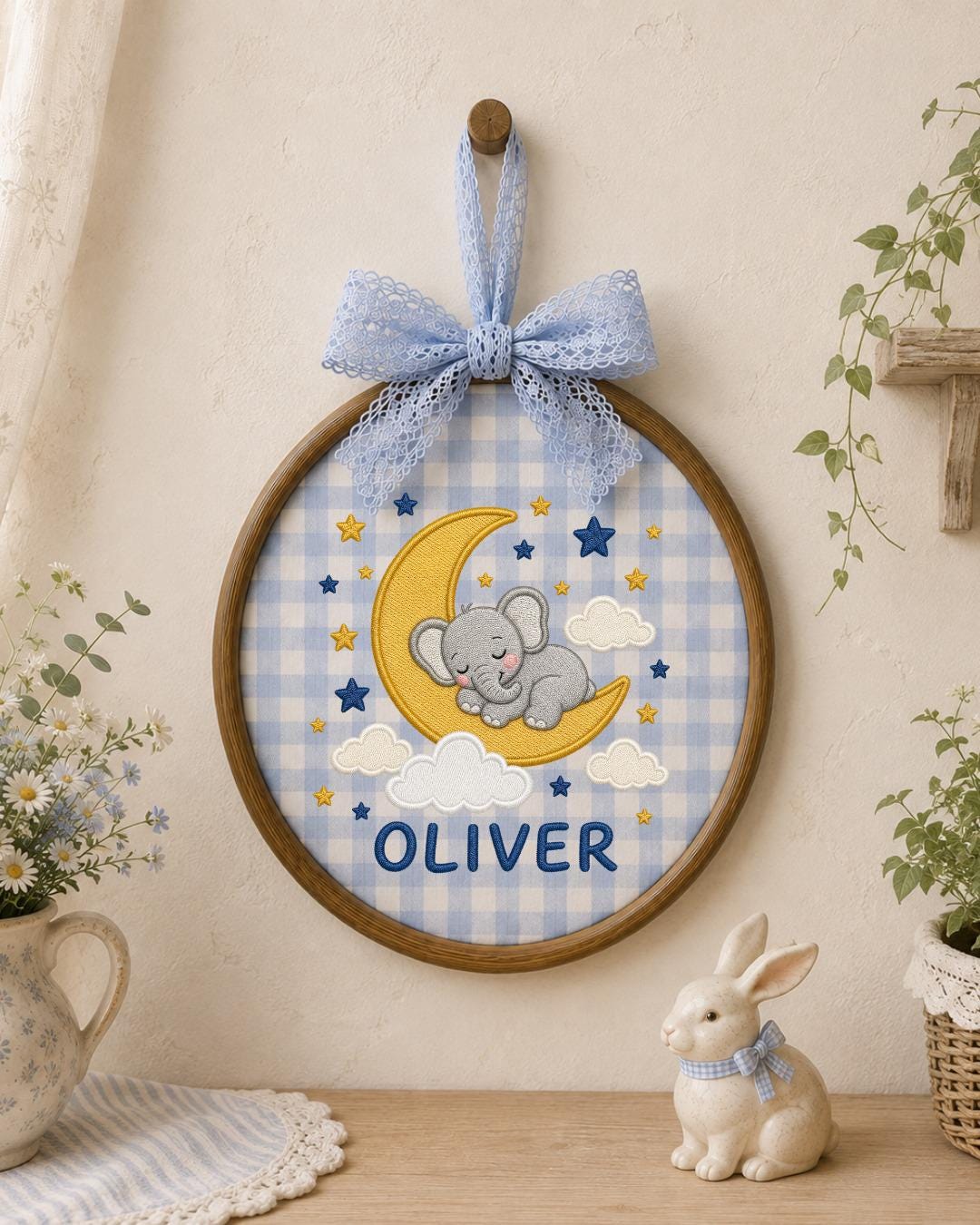 Personalized Embroidered Elephant Ornament, Custom Baby Name Hoop, Sleeping Elephant Moon Nursery Decor, Baby Boy Gift, Newborn Keepsake