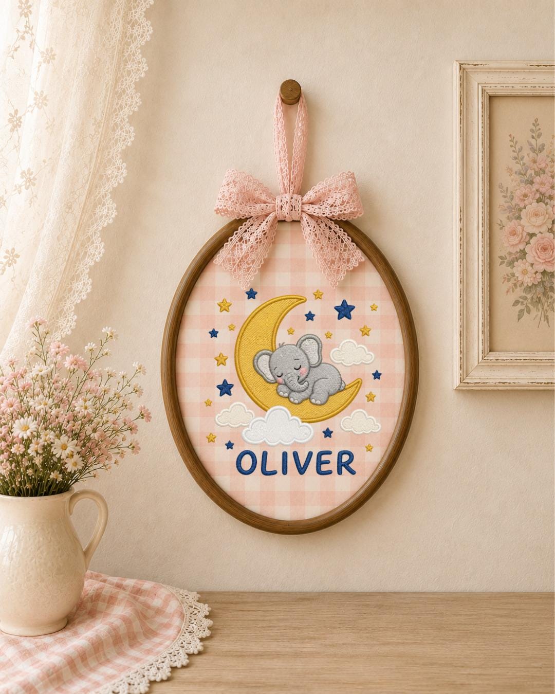 Personalized Embroidered Elephant Ornament, Custom Baby Name Hoop, Sleeping Elephant Moon Nursery Decor, Baby Boy Gift, Newborn Keepsake